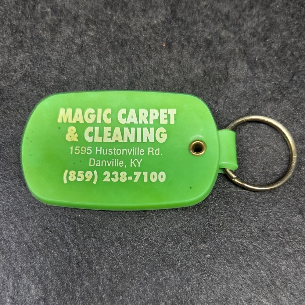 Vintage Magic Carpet Cleaning Advertising Keychain Retro Plastic Service Promo
